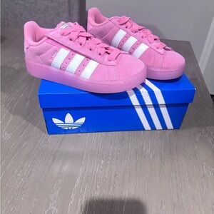 adidas Pink Suede Platform Sneakers with White Stripes
